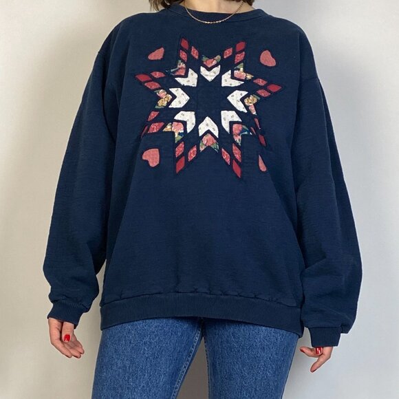 Vintage 1980s Navy Blue COTTAGE CORE Quilted STAR Sweateshirt! Large, Quilt - Picture 5 of 8